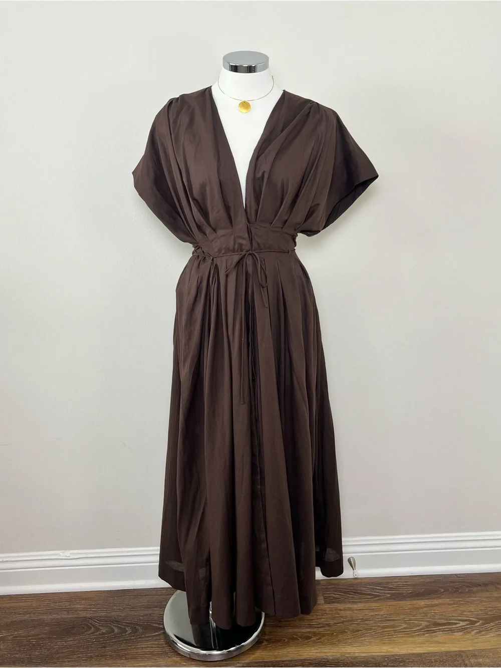 NWT Zara Brown Cotton Poplin Puff Sleeve Midi Dress Size M Pockets - Picture 1 of 12